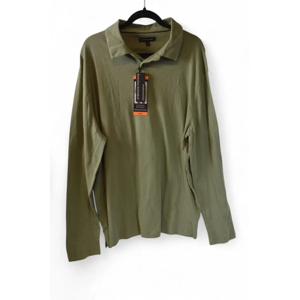 Banana Republic Mens Long Sleeve Luxe Touch Polo Olive Green Shirt XXL / 2XL NWT